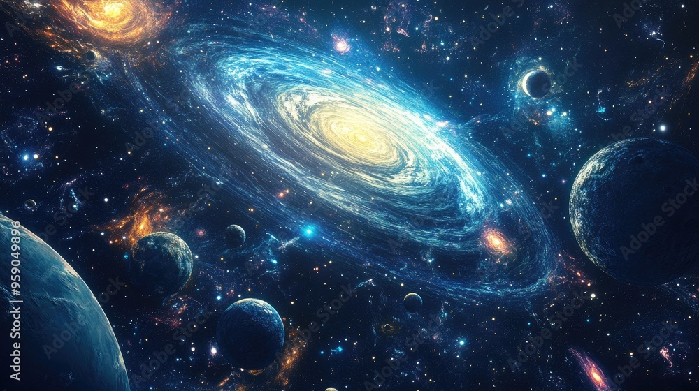 Poster 3D cartoon rendering depicting the universe and deep space
