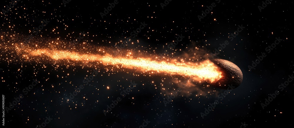 Aufkleber Texture of a falling comet in a 3D cartoon rendering featuring sparks smoke and a trail of particles isolated on a black background