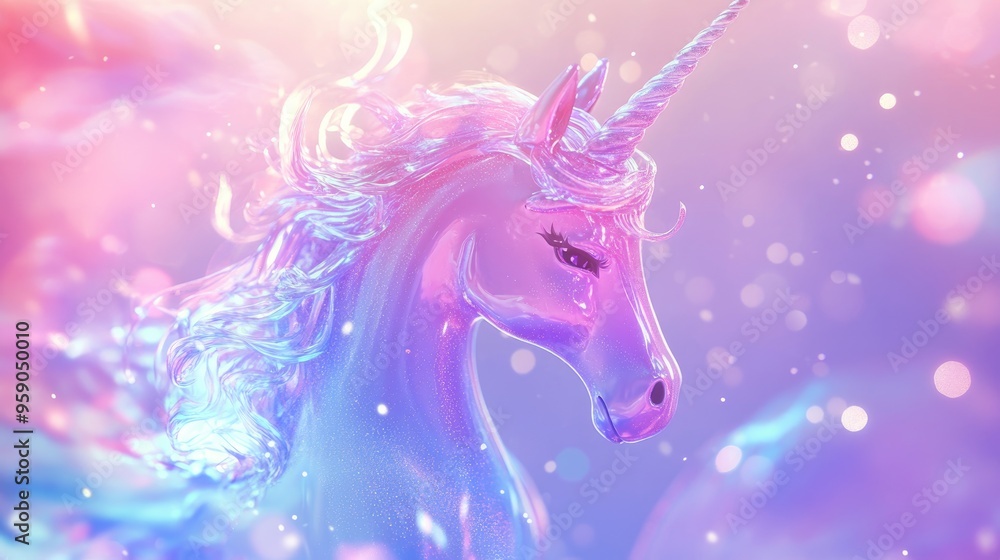 Poster Holographic background featuring a 3D cartoon rendering of a unicorn with fluid elements designed as a colorful girly flyer Soft multicolor invitation showcasing shiny glitter abstract texture and