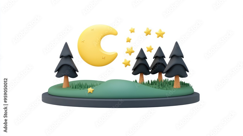Poster flat icon of starfall night in 3d cartoon rendering isolated on white background