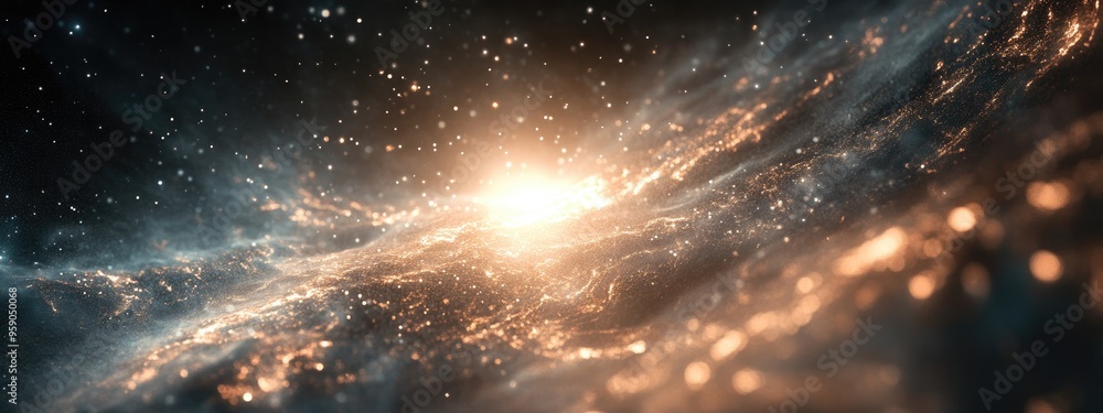 Poster Abstract space background with bright light and dark surroundings in 3D cartoon rendering