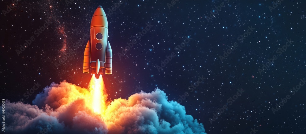 Aufkleber 3d cartoon rendering of a technological shuttle rocket launching with fire and smoke into a starry s