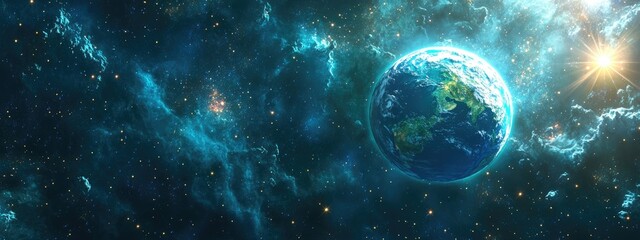 Obraz premium 3D cartoon depiction of the blue and green planet set against a vibrant galaxy background filled with dust and fog featuring bright starlight scattering and numerous shining stars along with a sun
