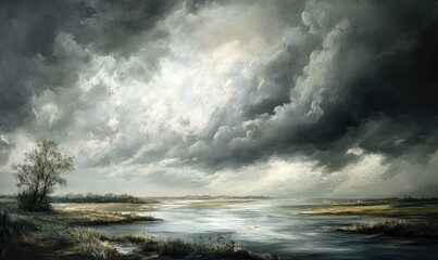 Oil painting depicting a turbulent scene with gray clouds over a river and lake landscape