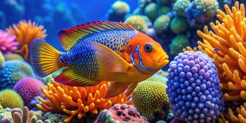 Vibrant orange Napoleonfish with ornate blue and yellow fins swims amidst a kaleidoscope of coral and anemones in a sunlit ocean paradise.