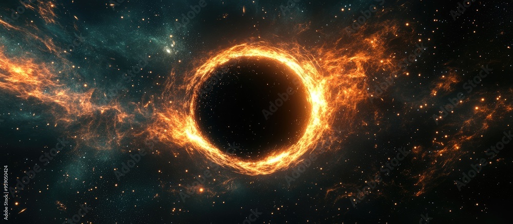 Poster Black hole in a star field depicted in 3D cartoon rendering abstract space wallpaper resembling the letter O with light sparks and blank space