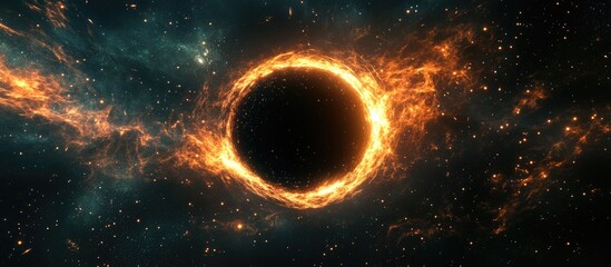 Black hole in a star field depicted in 3D cartoon rendering abstract space wallpaper resembling the letter O with light sparks and blank space