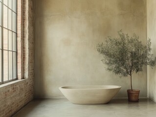 minimalist beige concrete bathtub in an industrial style bathroom brick walls and concrete floors with a little olive tree.