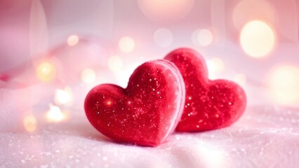Fototapeta premium Two red velvet hearts located on a shimmering pink surface with a place to copy text.