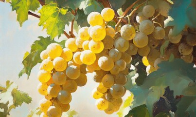 Oil painting of sunlit grapes showcasing wine production grape cultivation and alcoholic beverage creation