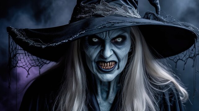 A menacing witch with icy blue skin and sharp fangs gazes fiercely under a dark, smoky background at night
