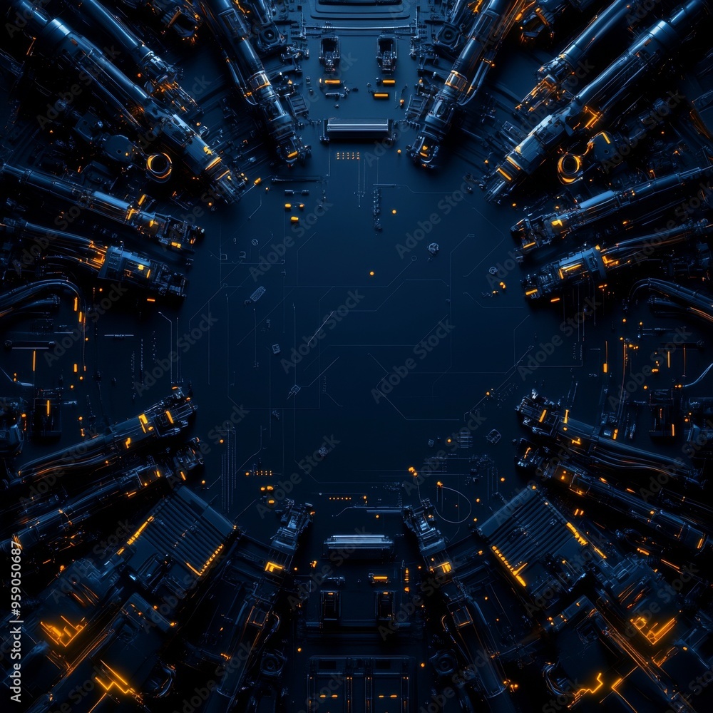 Poster abstract futuristic circuit board with glowing lights, creating a circular frame with dark blue back