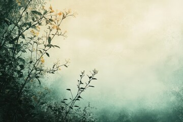 Silhouetted Branches with Yellow Flowers Against a Blurry Green and Yellow Background