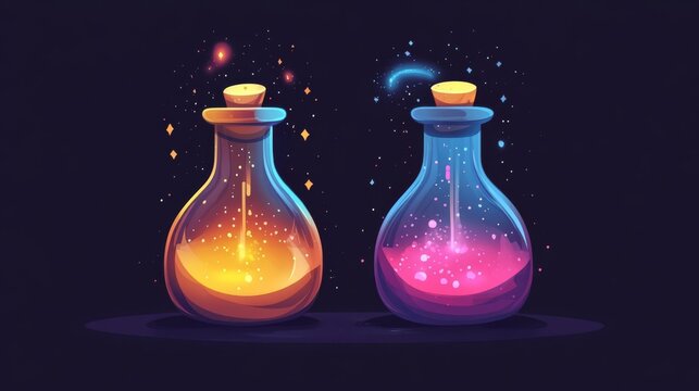 Glowing potion flask flat design side view arcane theme cartoon drawing Splitcomplementary color scheme