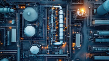 Obraz premium Top-down view of a large industrial plant with tanks, pipes, and infrastructure, illuminated with glowing lights, showing the scale and complexity of modern manufacturing.