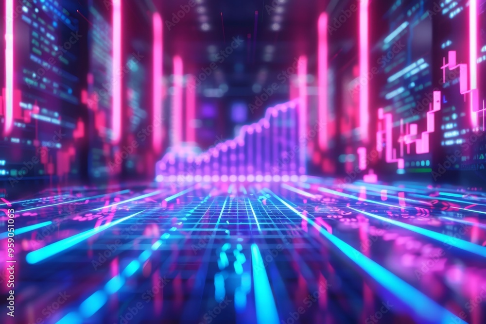 Poster abstract futuristic cityscape with neon lights and glowing lines representing data and growth.