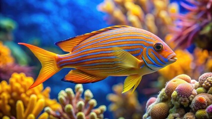 Vibrant orange-yellow hepatatus fish with blue stripes and flowy fins swims in front of a blurred coral reef background in the crystal-clear ocean.