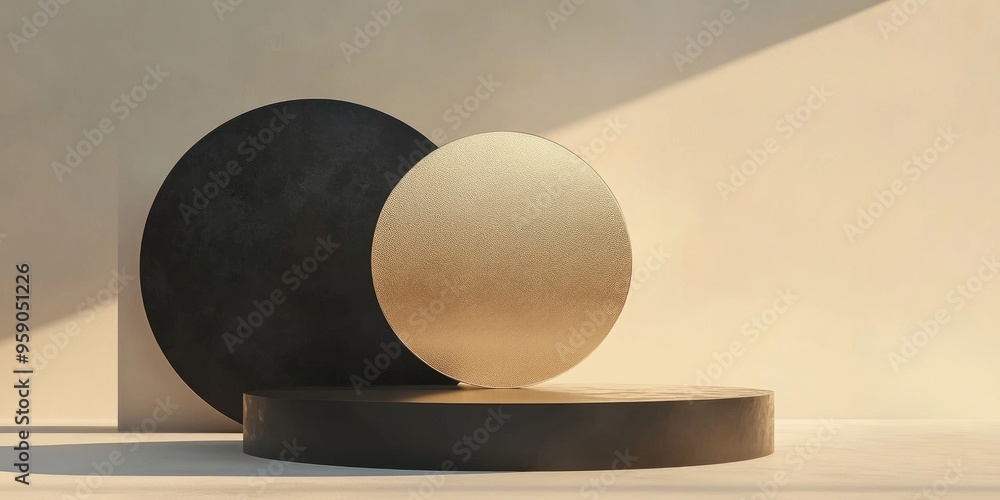 Poster abstract podium background featuring geometric shapes in black and gold minimalist 3d rendering idea