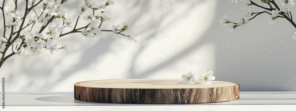 Aufkleber minimalist modern product display featuring a wood slice podium and spring branches conceptual scene