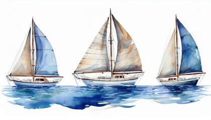 Fototapeta premium Sailing boat on the surface of the water. Set of watercolor illustrations. Yacht