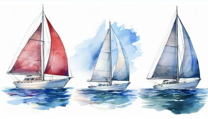 Naklejka premium Sailing boat on the surface of the water. Set of watercolor illustrations. Yacht