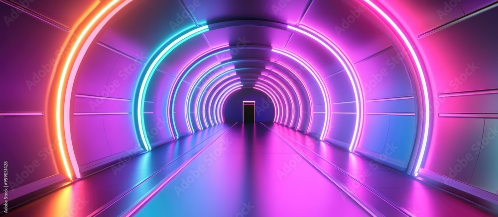 Poster futuristic interior tunnel with glowing colorful neon lights 3d rendering
