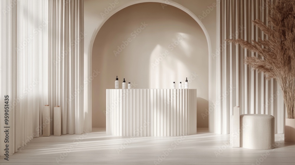 Aufkleber cosmetic display setting with an archway designed for product presentation in a fashion interior 3d 