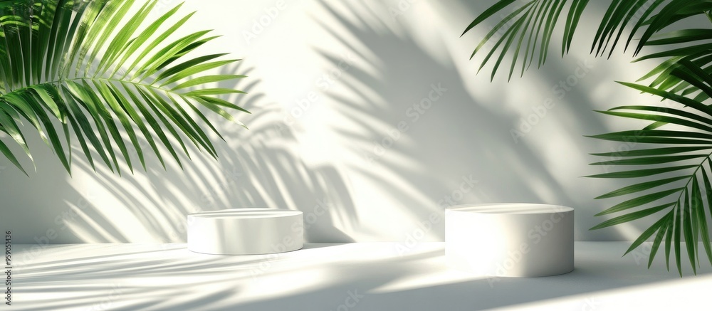 Aufkleber sophisticated summer abstract white podiums illuminated by sunlight casting shadows accompanied by a