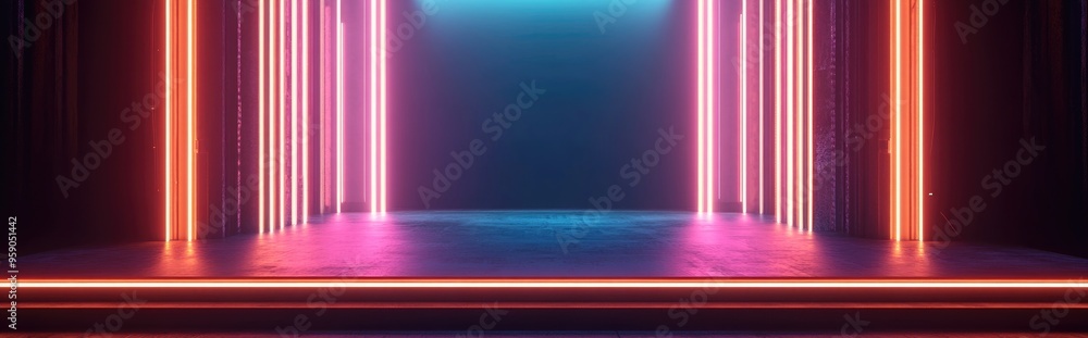 Aufkleber Empty stage illuminated by neon lines in a dark environment 3D rendering Digital illustration