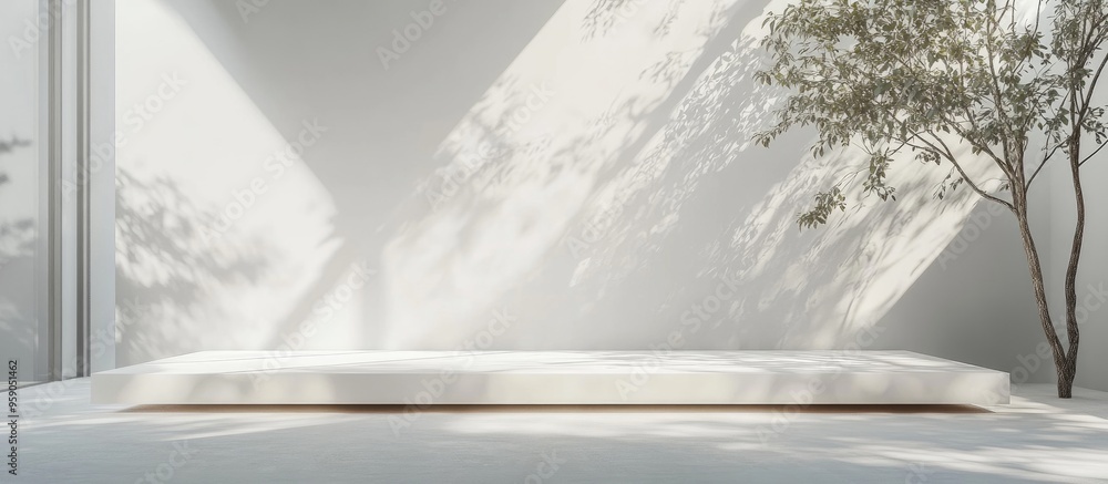 Poster Minimalist display platform with blank white background and natural window light casting subtle shadows designed for showcasing products in an interior setting 3D rendering