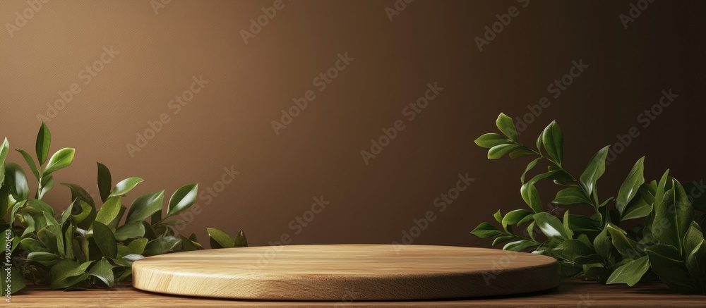 Poster wooden display pedestal adorned with natural leaves against a brown backdrop 3d rendering