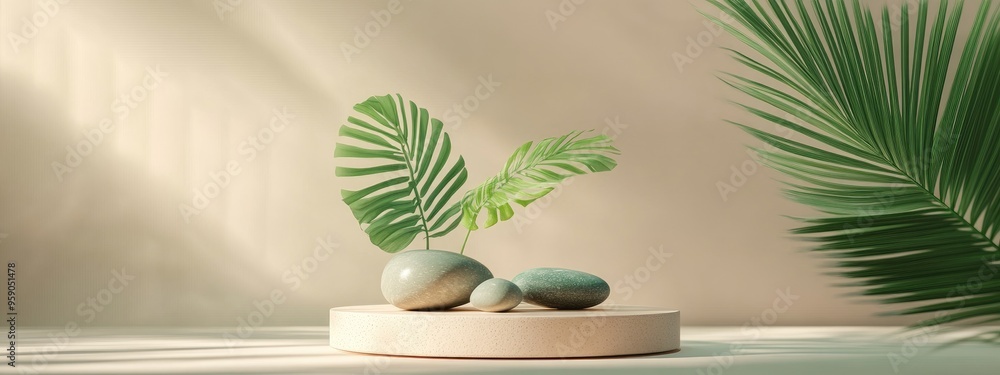 Poster minimalist 3d display podium featuring a green plant and stones set against a beige background abstr