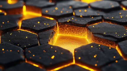 Fototapeta premium Hexagonal dark tiles glow from within with a molten golden light in the cracks between them, creating a futuristic and industrial look with a glowing effect.