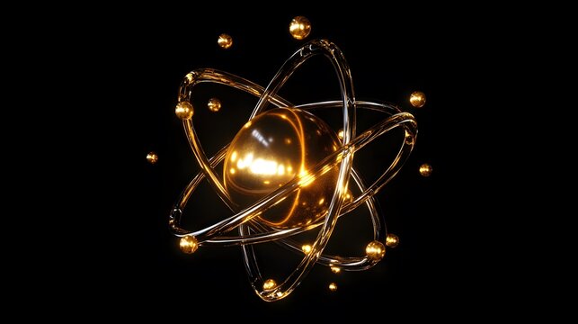 Gold Atom: An artistic depiction of a single gold atom, with golden electrons orbiting a central nucleus, against a black background.
