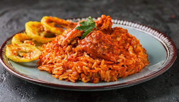 Nigerian jollof rice, spicy tomato-infused rice with peppers, onions and chicken with fried plantains.