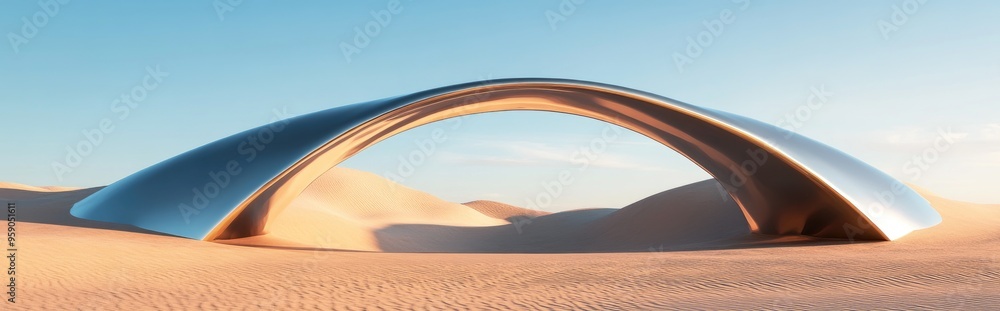 Poster Abstract sandy dune cliffs featuring metallic arches under a clear blue sky Surreal minimalistic desert landscape background Scene depicting glossy metallic arches with geometric design 3D renderi