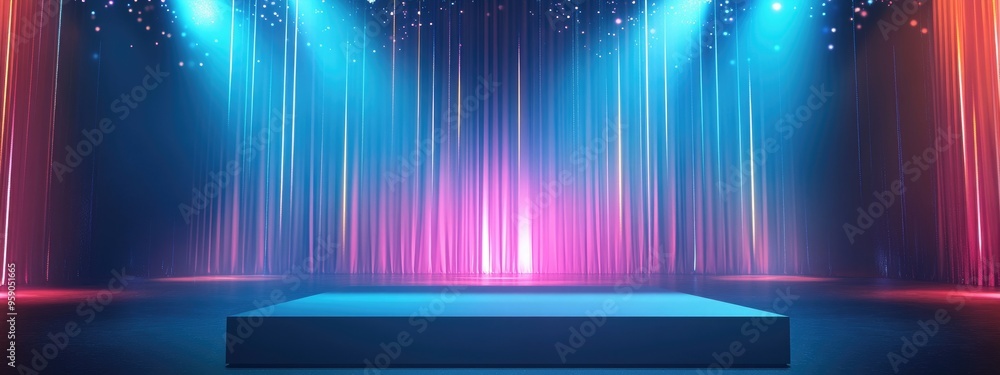 Aufkleber Empty podium with a disco backdrop Rays of light illuminate a magical event Vibrant square stage design suitable for exhibitions Core demonstration area featuring a 3D rendered scene with gleaming