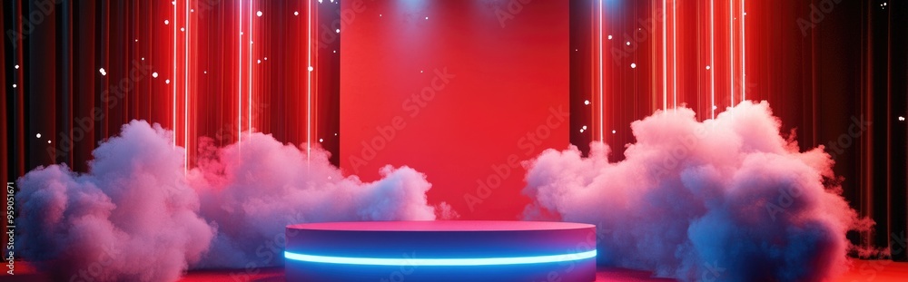 Poster Podium adorned with fairy lights and clouds on a red backdrop 3D rendering