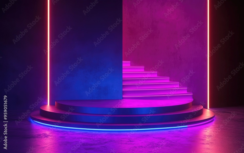 Poster round stage illuminated by neon lights featuring a staircase against a dark backdrop