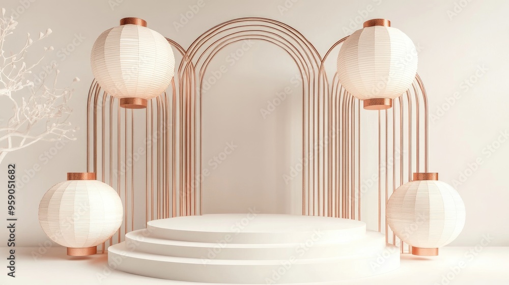 Poster rose gold and white lanterns with a podium display set against a white background 3d rendering 3d il