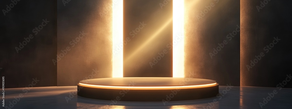 Poster Illuminated empty podium with light emanating from an exit 3D rendering