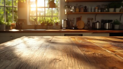  rustic kitchen table bathed in warm sunlight, creating a cozy, inviting atmosphere perfect for a relaxed morning at home.