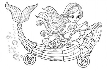 Fototapeta premium A cheerful girl with long hair, wearing a mermaid tail, rides a whimsical fish vehicle, accompanied by bubbles and a playful atmosphere.