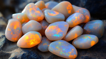 Pile of smooth, polished opals with a milky white surface and vibrant flashes of orange, blue, and green color, resting on a dark, rough surface for contrast.