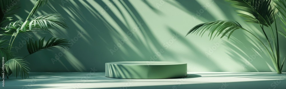 Poster Green podium set against an abstract background featuring shadows from sunshade and plants on a wall ideal for product display or presentation 3D rendering