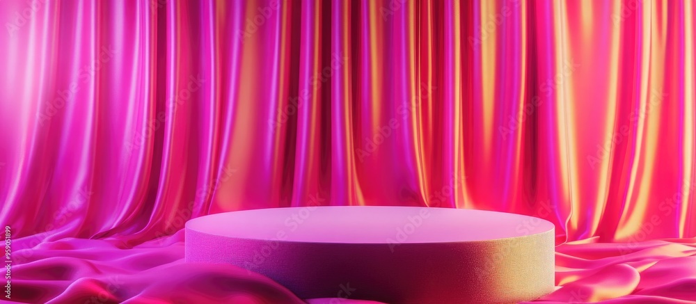 Poster vibrant magenta and neon pink 3d rendered luxury product display podium on textured fabric with gold