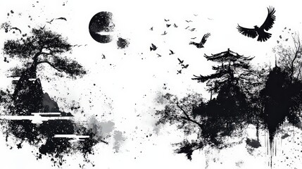 Fototapeta premium black-and-white ink-style illustration featuring birds, trees, and traditional architecture, evoking a serene and artistic Asian landscape.