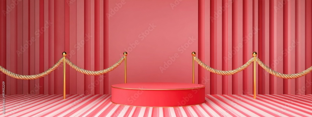 Aufkleber a red podium set against a red pink striped background adorned with gold rope queue stands this illu