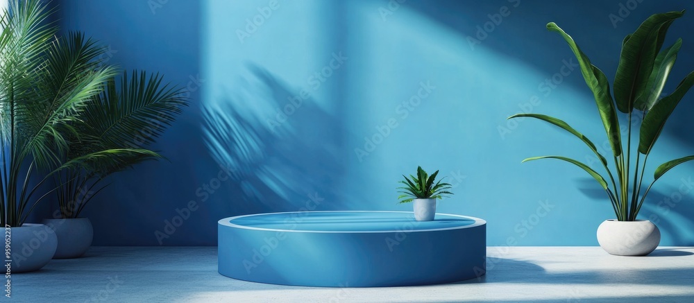 Poster Blue podium display mockup for product presentation 3D rendering
