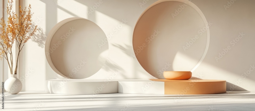 Poster Minimalistic 3D rendering of a podium with geometric circular shapes